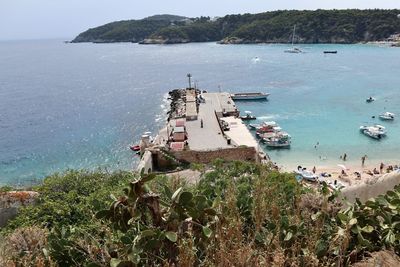 High angle view of boats on sea shore