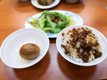 High angle view of meal served on table