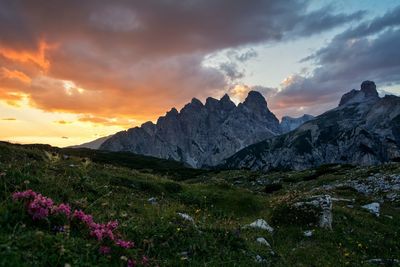 Scenic view of mountains against sky during sunset