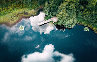 High angle view of reflection of trees in lake