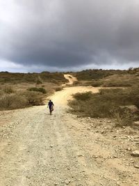 Rear view of man walking on land against sky