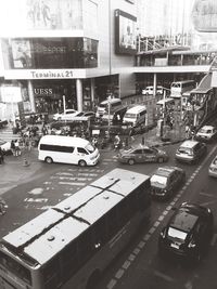 High angle view of vehicles on road in city