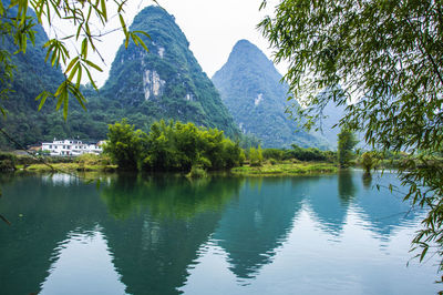 Scenic view of lake and mountains against sky