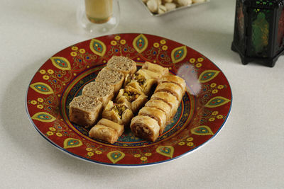 High angle view of food in plate on table