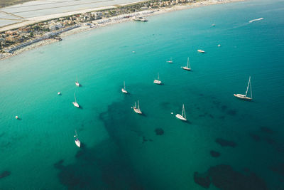 High angle view of boats in sea