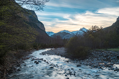 Hiking trail azaras river in ordesa national park, pyrenees, huesca, aragon, spain.