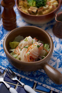 High angle view of vegetables in bowl on table