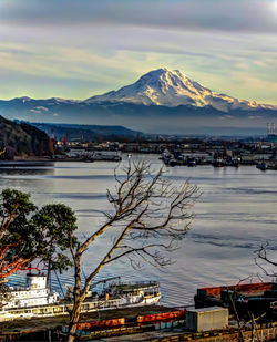 Scenic view of lake with city in background