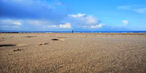 Scenic view of beach against blue sky