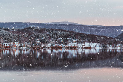Scenic view of lake against sky during winter
