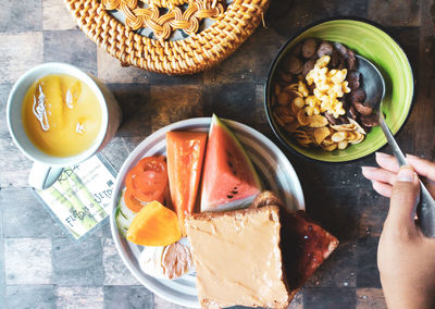 High angle view of breakfast on table