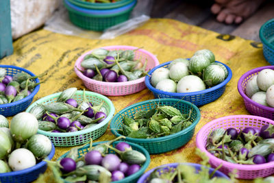 Various fruits in basket for sale at market