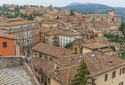 High angle view of old buildings in town