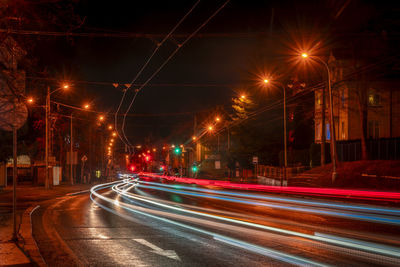 Light trails on road at night