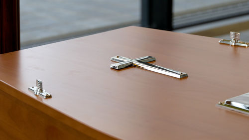 High angle view of faucet on table