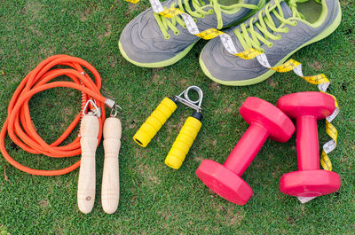 High angle view of sports equipment on grassy field