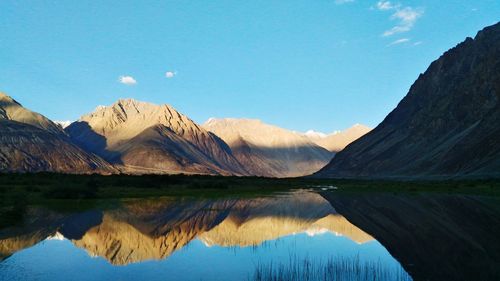 Scenic view of lake and mountains against blue sky