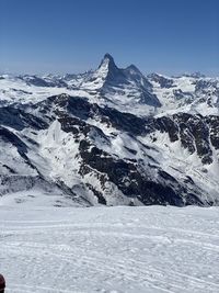 Scenic view of snowcapped mountains against clear sky