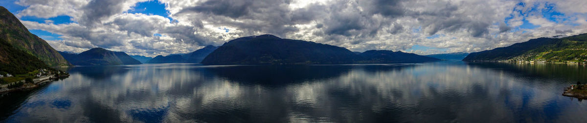 Panoramic view of lake and mountains against sky