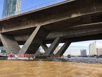 Bridge over river against sky in city