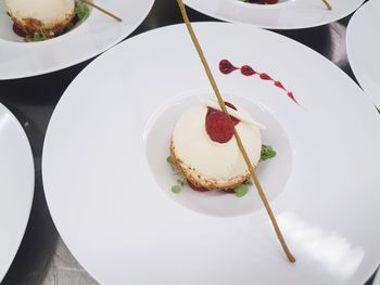 High angle view of dessert in plate on table