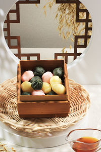 Colorful baramtteok or gaepitteok rice cake stuffed with bean jam. 