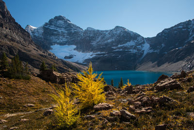 Scenic view of lake and mountains against sky