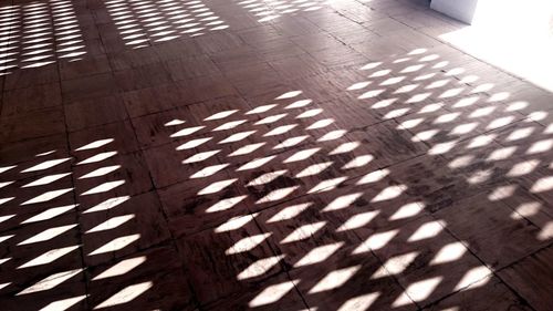 High angle view of sunlight falling on tiled floor