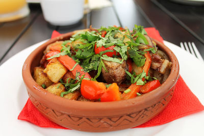 High angle view of salad in bowl on table