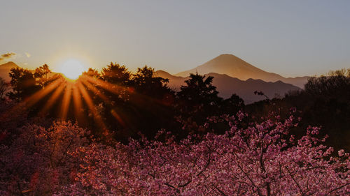 Scenic view of mountains against sky at night