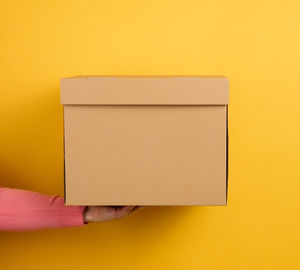 Female hand holding closed brown cardboard box on yellow background, delivery