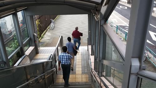 High angle view of people on steps