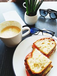 High angle view of breakfast served on table