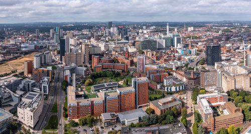 High angle view of buildings in city