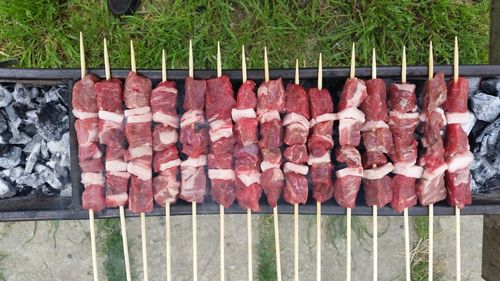 Skewered meat on barbecue grill