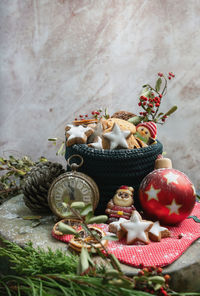 High angle view of christmas decoration on table