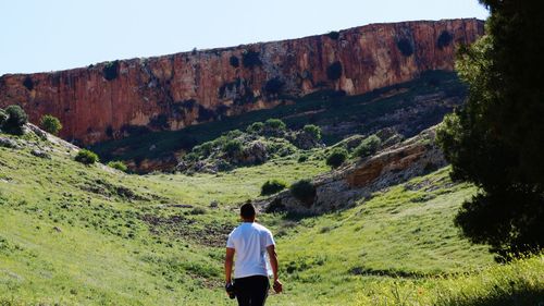 Rear view of man walking on hill