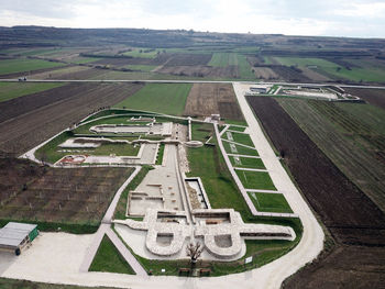 High angle view of agricultural field against sky