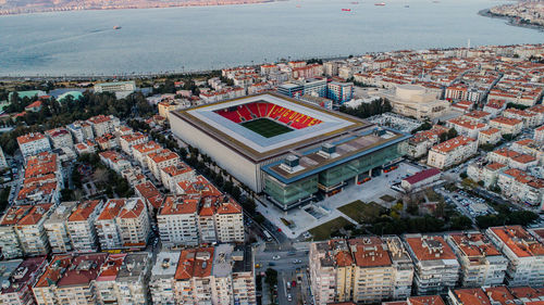 High angle view of buildings in city