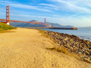 View of suspension bridge at beach