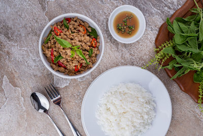 High angle view of meal served on table