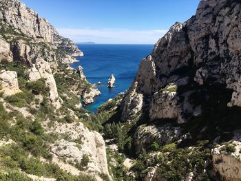 Scenic view of sea and rocks against sky