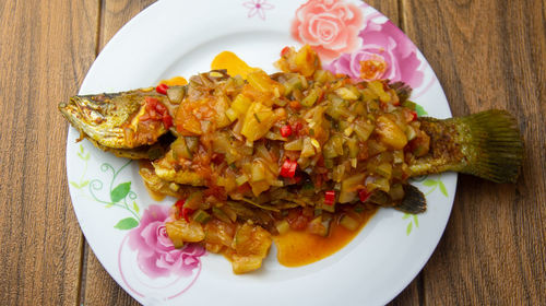 High angle view of meal served in plate