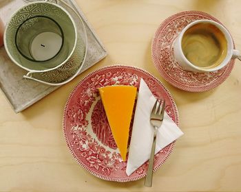 High angle view of breakfast on table