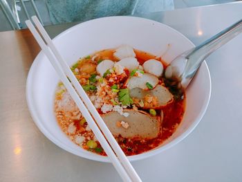 High angle view of food in bowl on table