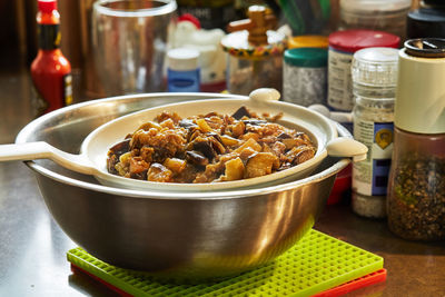 Close-up of food served on table