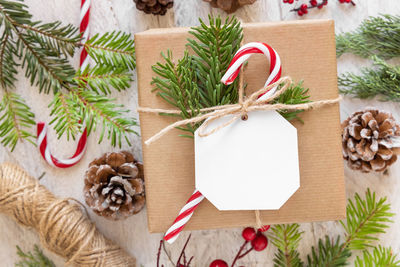 High angle view of christmas tree on table