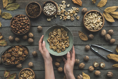 High angle view of spices in bowls on table