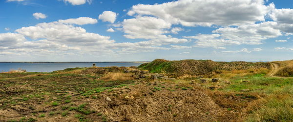 Ancient greek colony olbia on the banks of the southern bug river in ukraine on a cloudy summer day.