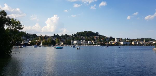 Panoramic view of bay against sky